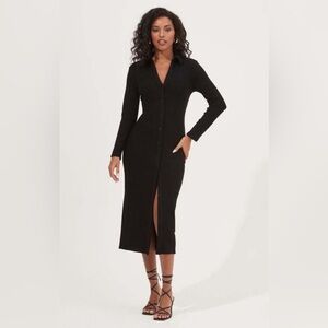 ASTR Asymmetrical Button-Front Side-Cinched Midi Dress in Black, Size Small (S)